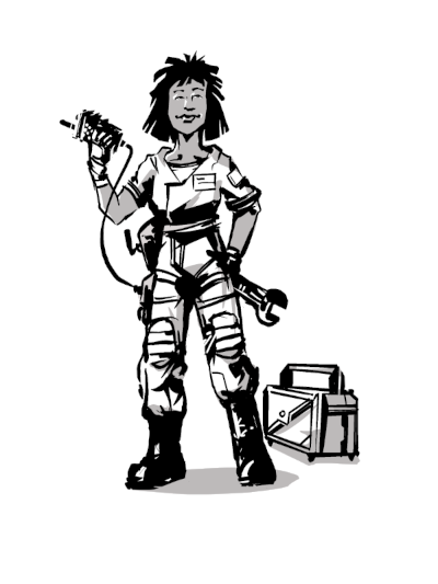 A female mechanic wearing a uniform with a name badge and knee protection, she is holding a remote control connected to her belt in one hand and a wrench in the other. At her feet is a toolkit.