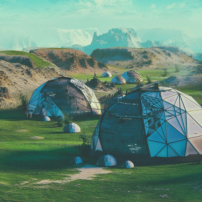 Habitation domes of various sizes on a grassy plane. In the background mesas and mountains stretch to the horizon.