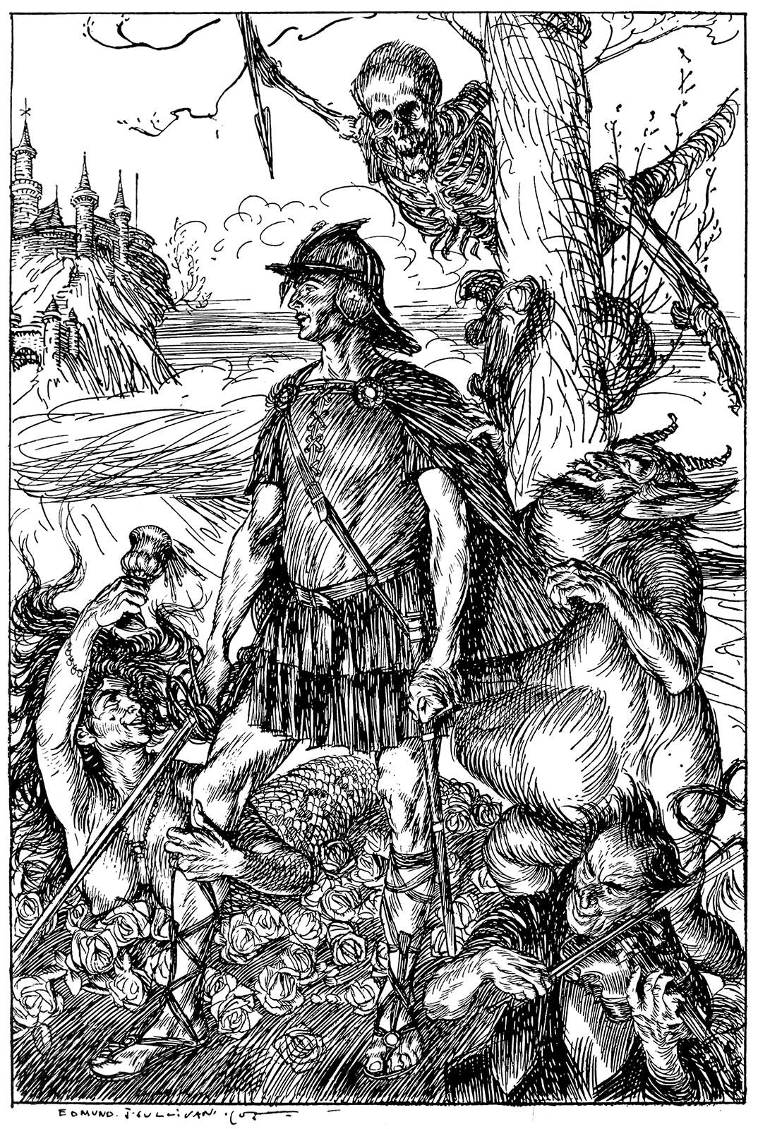 A black and white sketch of a soldier standing in front of a tree. In the distance a castle. Behind him a skeleton leans from the tree to pierce the soldier with a spear. At the soldier's feet strange characters cavort.